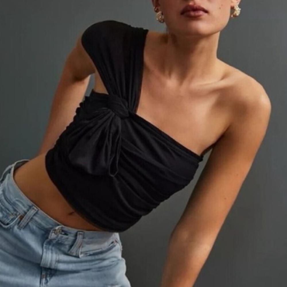 Maeve by Anthropologie Black Mesh Bow One-Shoulder Strapless Top NWT size Small